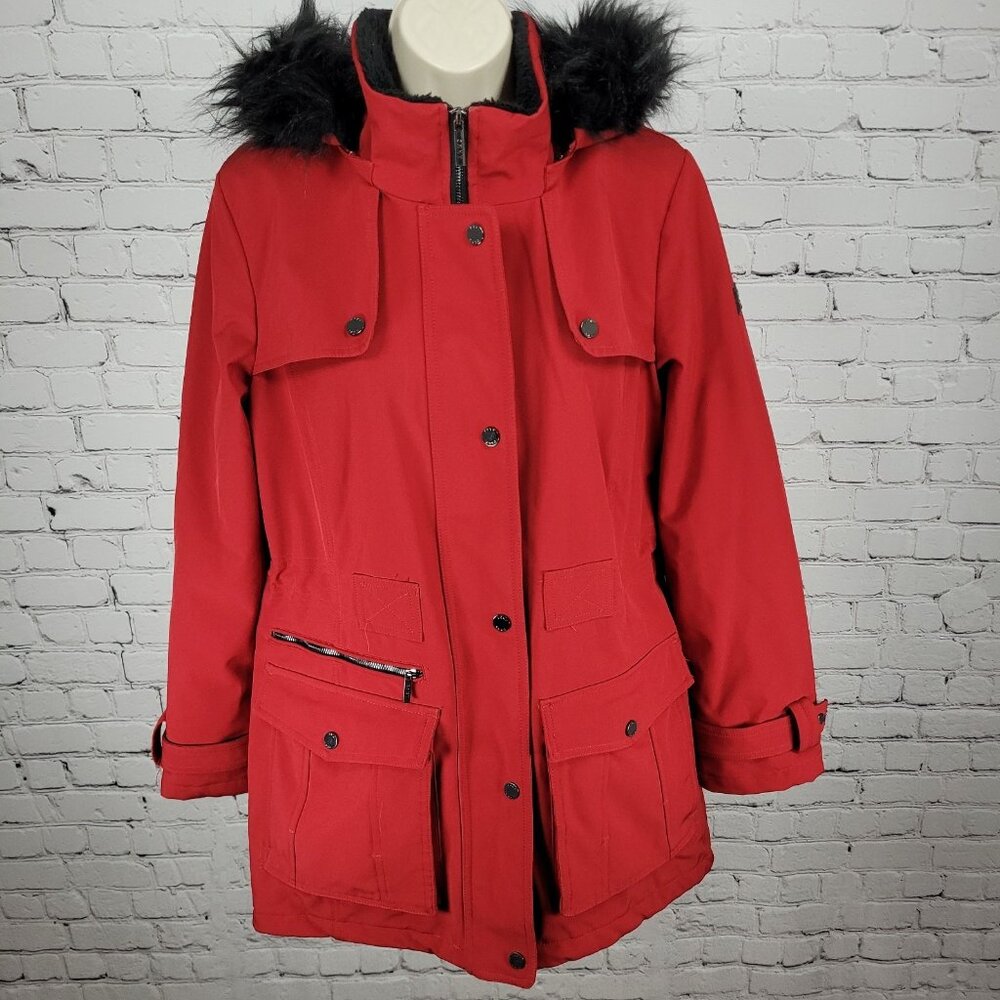 DKNY Red Faux Fur Trim Removable Hood Insulated Full Zip Jacket Medium M
